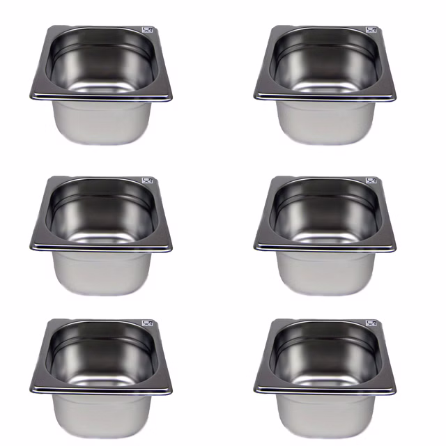 AcMax 6 Stück GN 1/6 Gastronormbehälter GN-Behälter Edelstahl 1,6 Liter Tiefe 100mm