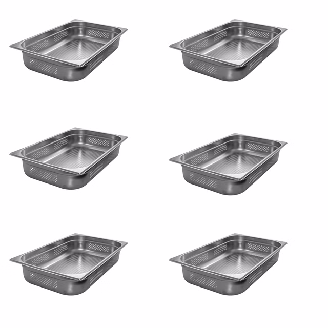 AcMax 6 Stück GN 1/1 Gastronormbehälter GN-Behälter Edelstahl 16 Liter Tiefe 100mm ***GELOCHT***