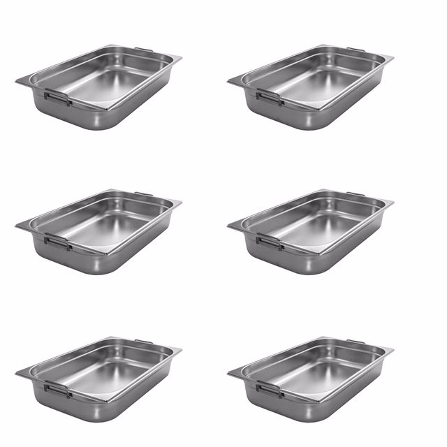 AcMax 6 Stück GN 1/1 Gastronormbehälter GN-Behälter Edelstahl 16 Liter Tiefe 100mm MIT FALLGRIFF