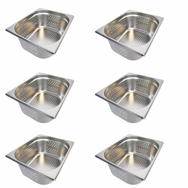 AcMax 6 Stück GN 1/2 Gastronormbehälter GN-Behälter Edelstahl 9,5 Liter Tiefe 150mm ***GELOCHT***