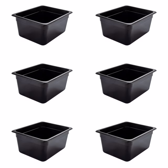 AcMax 6 Stück Kunststoff GN 1/2 Polycarbonat schwarz GN-Behälter 9,5 Liter Tiefe 150mm