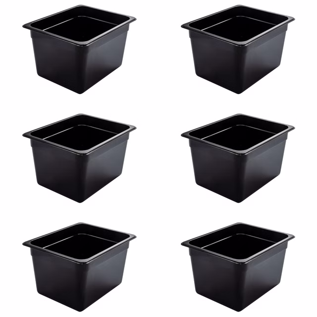 AcMax 6 Stück Kunststoff GN 1/2 Polycarbonat schwarz Gastronormbehälter GN-Behälter 12,5 Liter Tiefe 200mm