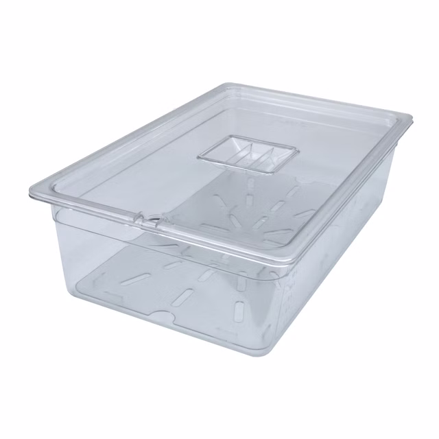 AcMax Set GN 1/1 Polycarbonat Behälter 21 Liter 150mm Deckel-Einkerbung und Abtropfeinlage