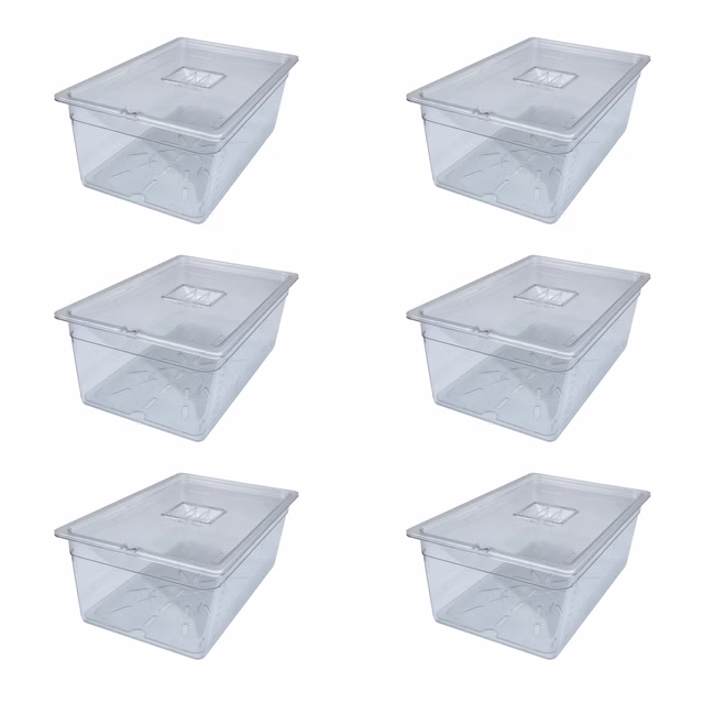 AcMax 6 Sets GN 1/1 Polycarbonat Behälter 28 Liter 200mm Deckel-Einkerbung und Abtropfeinlage